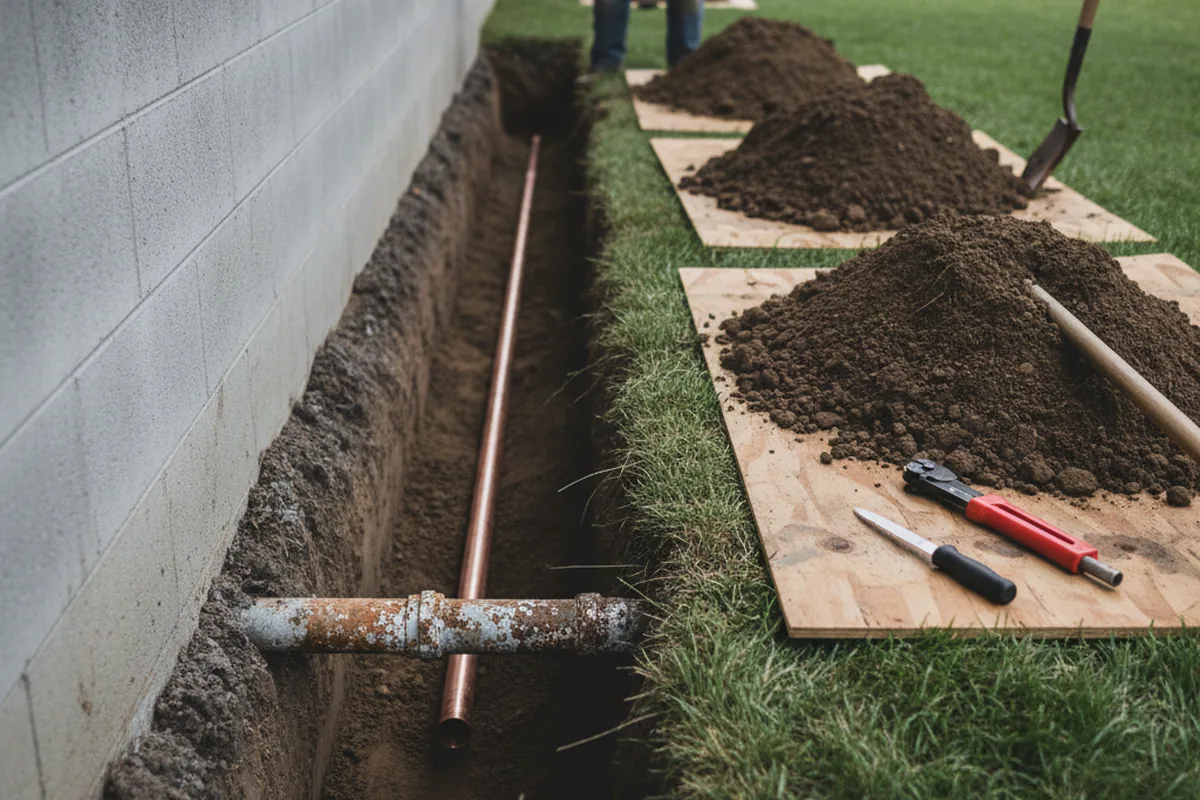 Excavated water line trench during Sewer Line Repair in Iona
